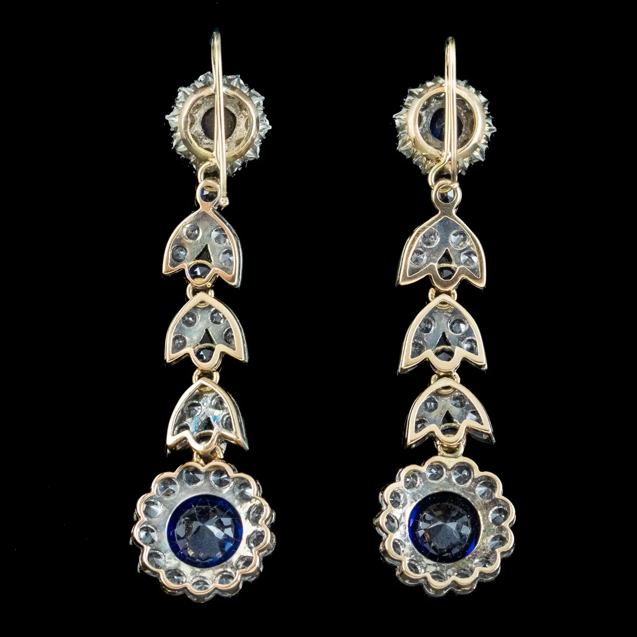 Antique Edwardian Blue Paste Flower Drop Earrings 15ct Gold With Box