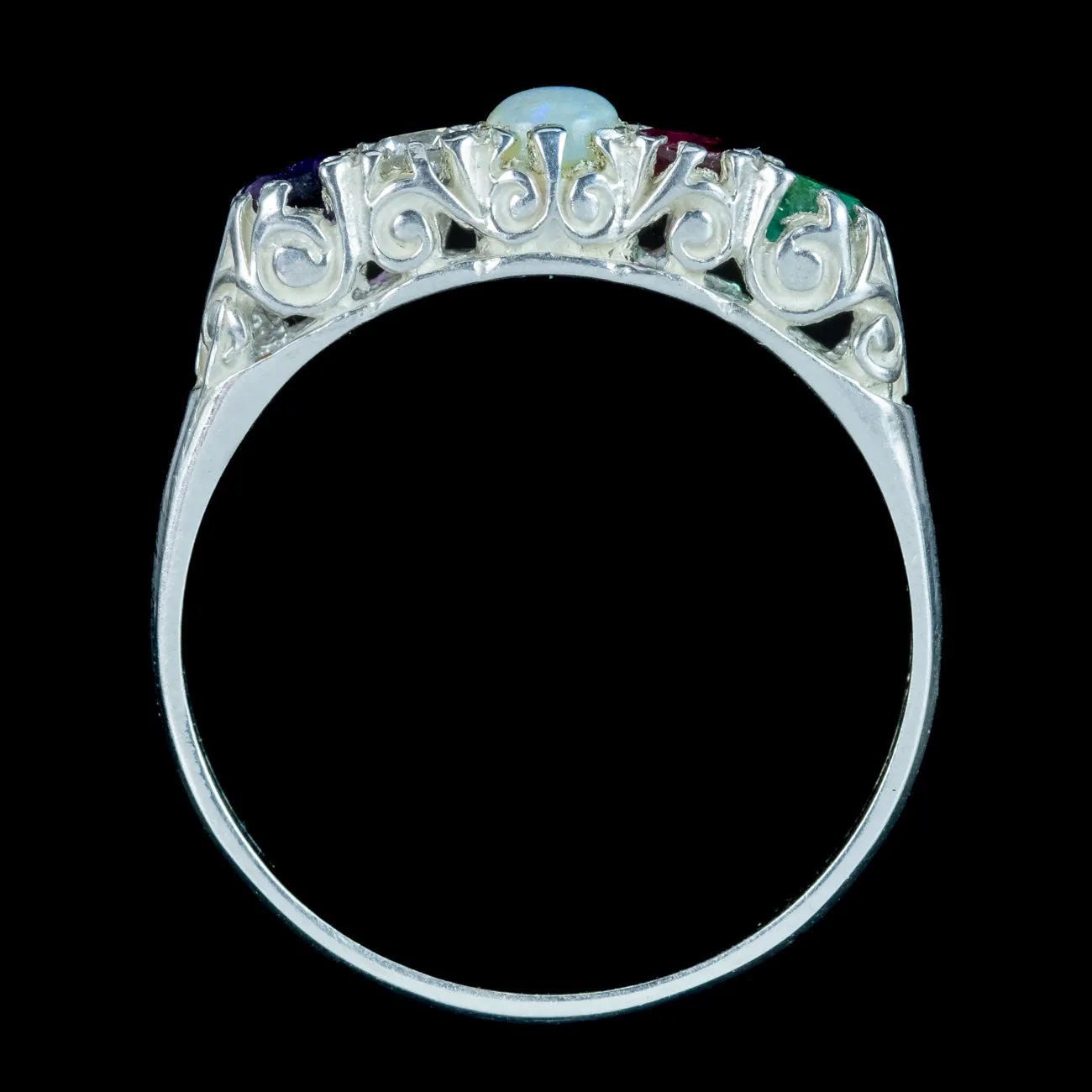 Victorian Style Acrostic Gemstone Ring Silver Spells Adore