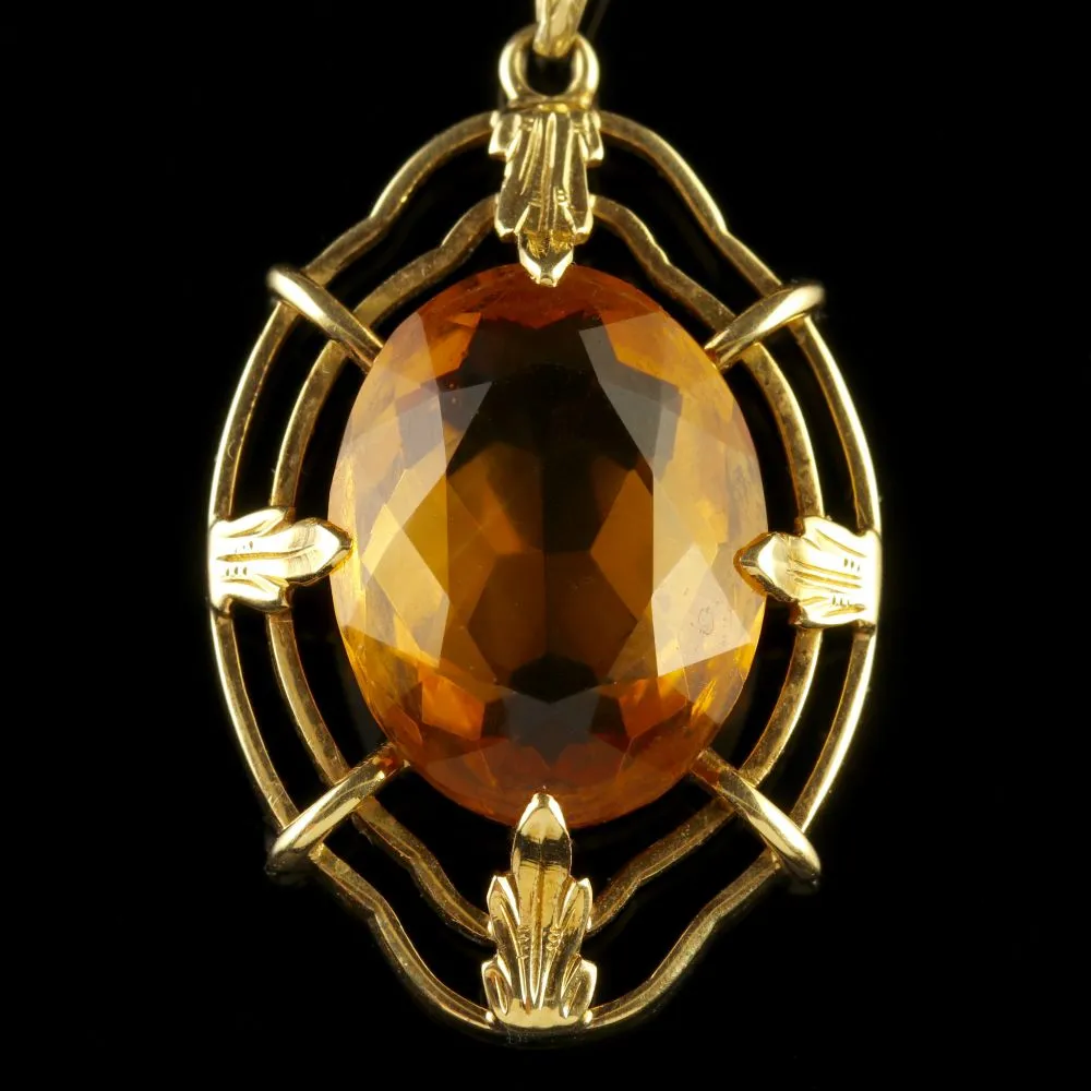Vintage Citrine Pendant And Chain 14Ct Gold 1950